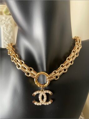 Gold-Tone Double Chain Necklace with Chanel Pearl CC Charm